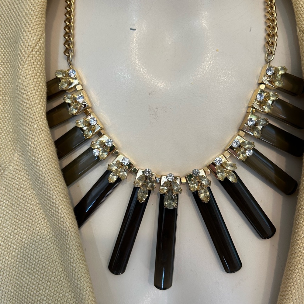 Ann Taylor Goldtone Lucite topaz, rhinestone statement necklace